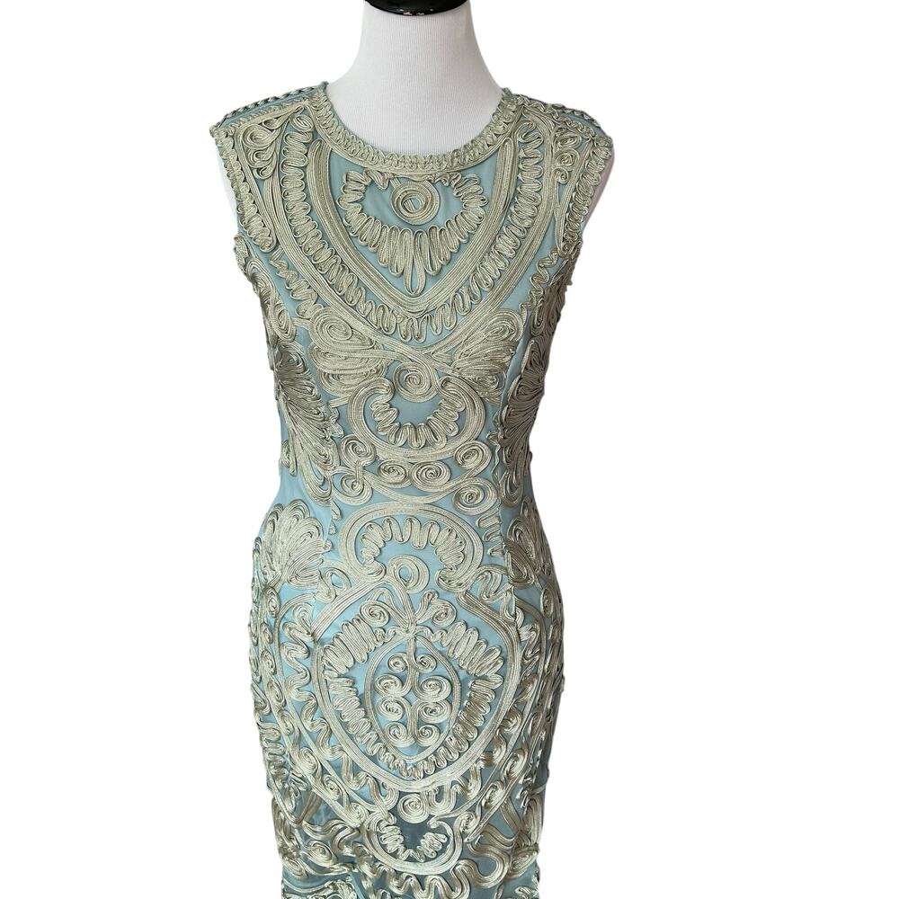J S Collections Evening Gown Dress Women 6 Dusty Teal Green Soutache Formal